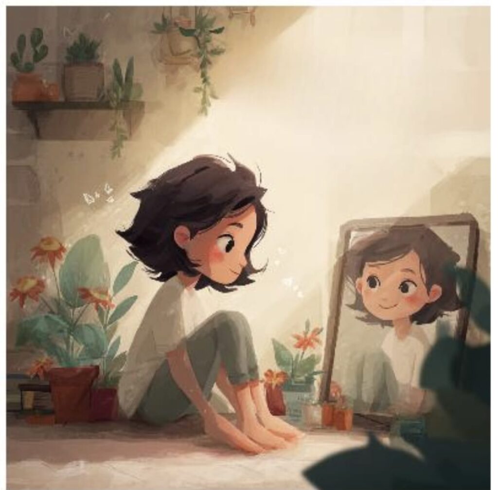 תמונה מצויירת של ילדה בחדר מואר עם פרחים מסתכל במראה ומחוייכת